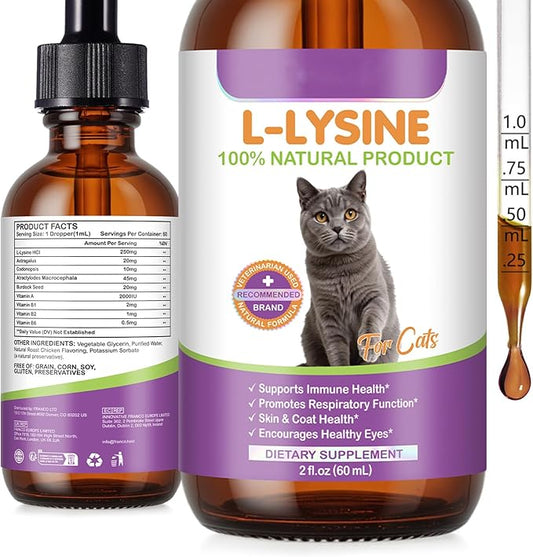 Cat L-Lysine Supplement for Immune & Respiratory Support 60ml, Support for Sneezing, Runny Nose & Eye Function, L-lysine Drops Roast Chicken Flavor.