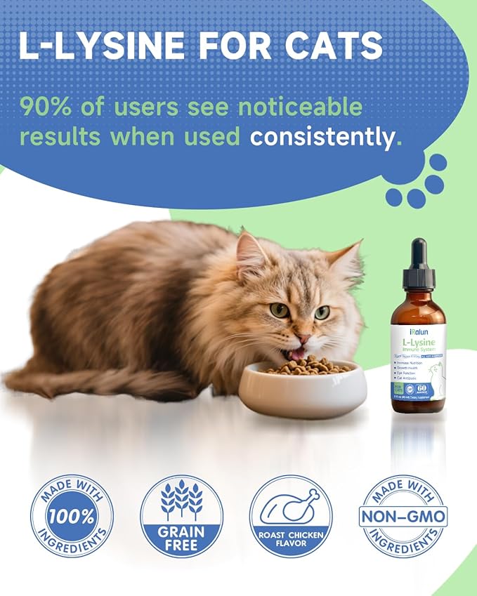 Lysine for Cat - L-Lysine for Cats and Kittens, Immune Support, Respiratory, and Eye Health - Allergy Relief, Sneezing, Runny Nose - Roast Chicken Flavor Drops