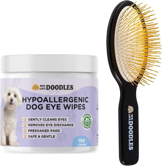 We Love Doodles Dog Eye Wipes & Pin Brush Bundle - Pre-Soaked Eye Wipes for Dogs, Tear Stain Remover for Dogs, Pet Eye Wipes,Pet Grooming Detangler Pin Dog Brush, Dog Brush for Shedding & Loose Fur
