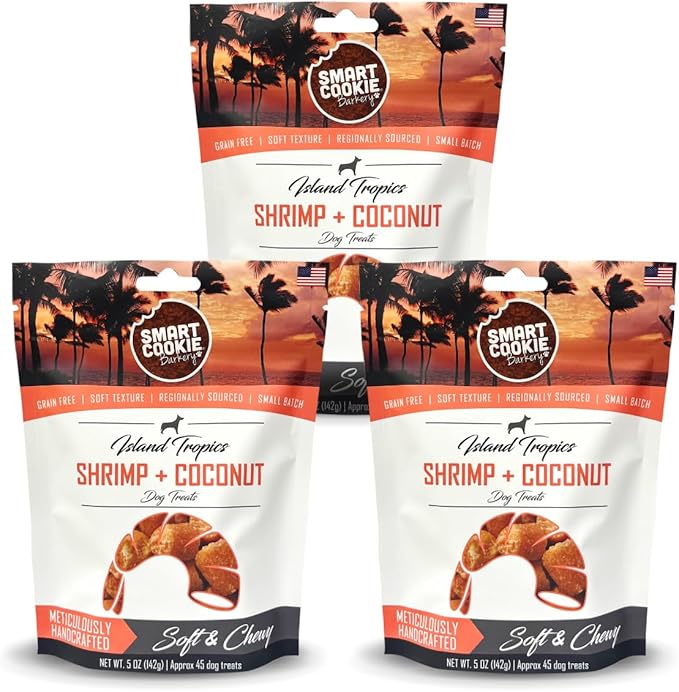 Smart Cookie All Natural Dog Treats - Shrimp & Coconut - Training Treats for Dogs with Allergies, Sensitive Stomachs - Soft Dog Treats, Chewy, Grain Free, Human-Grade, Made in USA - 5oz, Pack of 3