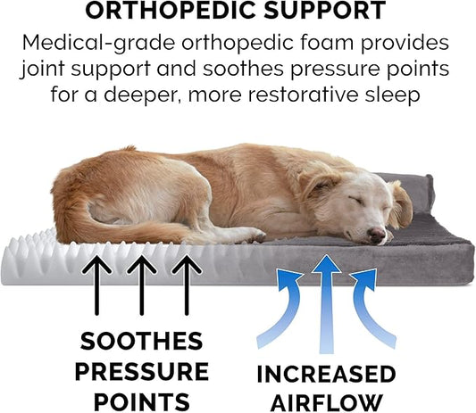 FurHaven Orthopedic Dog Bed & goDog Toy - Squeaky Plush Dino with Chew Guard for Large Dogs - Plush & Velvet L Shaped Chaise - Platinum Gray, Jumbo/XL