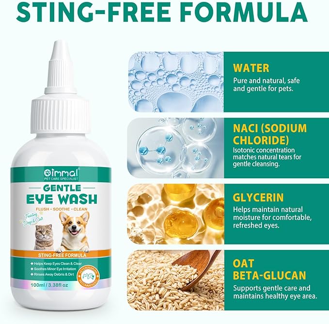Dog and Cat Eye Wash | Pet Eye Drops for Daily Cleaning & Tear Stain Removal | Safe Lickable Formula, Helps Keep Eyes Clean & Clear | Soothes Irritation & Dry Eyes, 3.38 Fl Oz