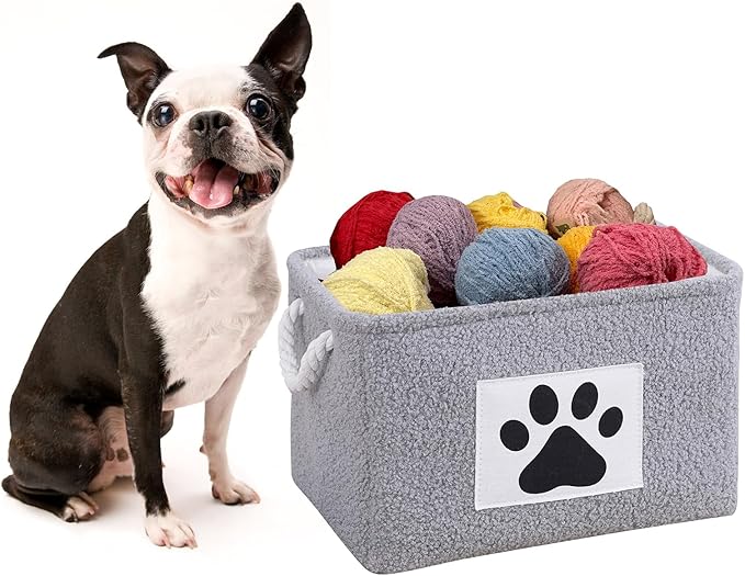 COMFY-HOMI 2Pcs Dog Toy Basket with Metal Collapsible Pet Toy Storage Organizer with Handles-Soft Polyester Fleece Fabric Bin Storage Basket for Shelves, Toys Storage Organization 15"x10.2"x9.5"-Grey