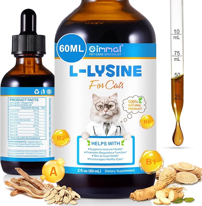 Specifically Formulated L-Lysine for Cats & Kittens, Immune, Respiratory & Sneezing, Runny Nose, Eye Function, Liquid Cat Supplement with Astragalus, Atractylodes, Dangshen & Vitamins A, B1, B2, B6