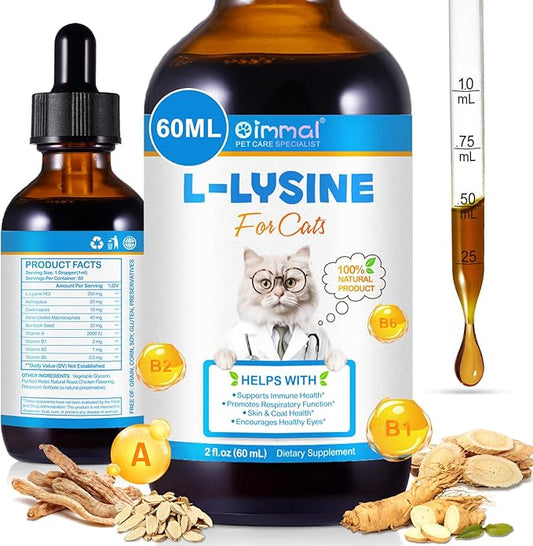 Specifically Formulated L-Lysine for Cats & Kittens, Immune, Respiratory & Sneezing, Runny Nose, Eye Function, Liquid Cat Supplement with Astragalus, Atractylodes, Dangshen & Vitamins A, B1, B2, B6