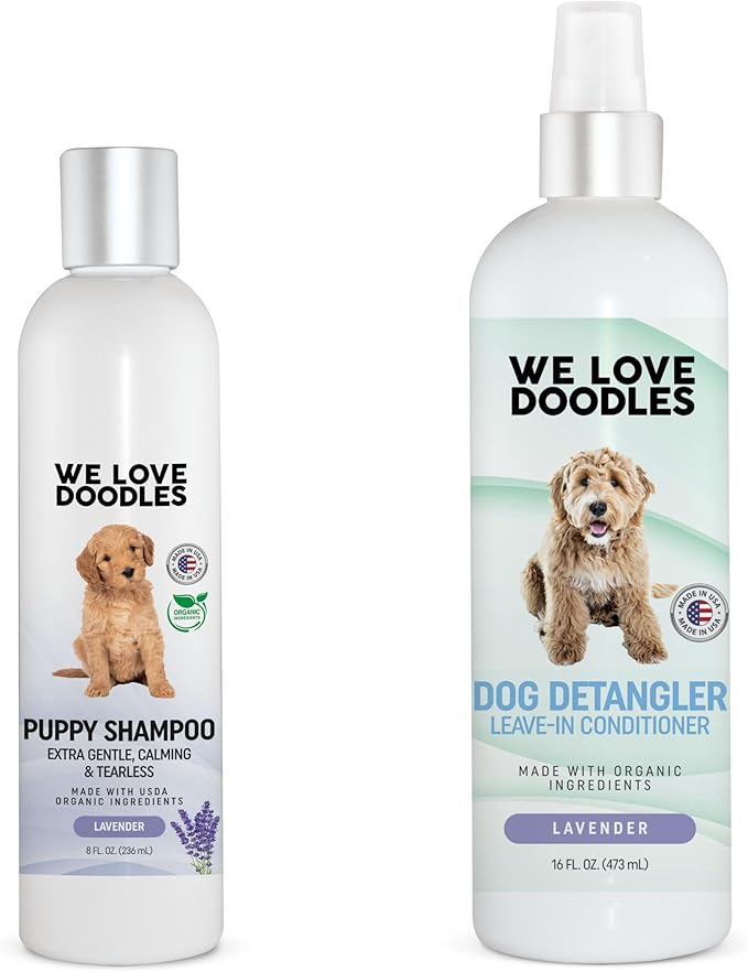 We Love Doodles Lavender Puppy Shampoo & Dog Detangler Spray - Organic Ingredients, Tear Free Shampoo for Puppies, Sensitive & Itchy Skin Wash, Dematting Spray for Dogs, Tangle Remover