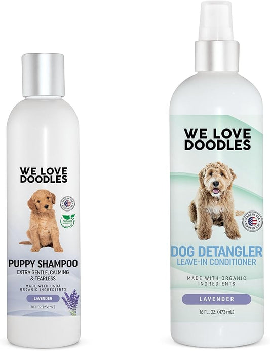 We Love Doodles Lavender Puppy Shampoo & Dog Detangler Spray - Organic Ingredients, Tear Free Shampoo for Puppies, Sensitive & Itchy Skin Wash, Dematting Spray for Dogs, Tangle Remover