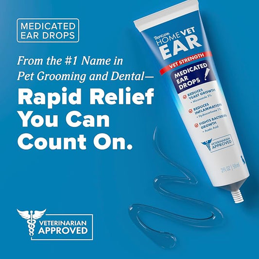 TropiClean HomeVet Medicated Dog Ear Drops, Vet Recommended Daily Dog Ear Cleaner, Fungal & Yeast Treatment, USA Made, 1 oz