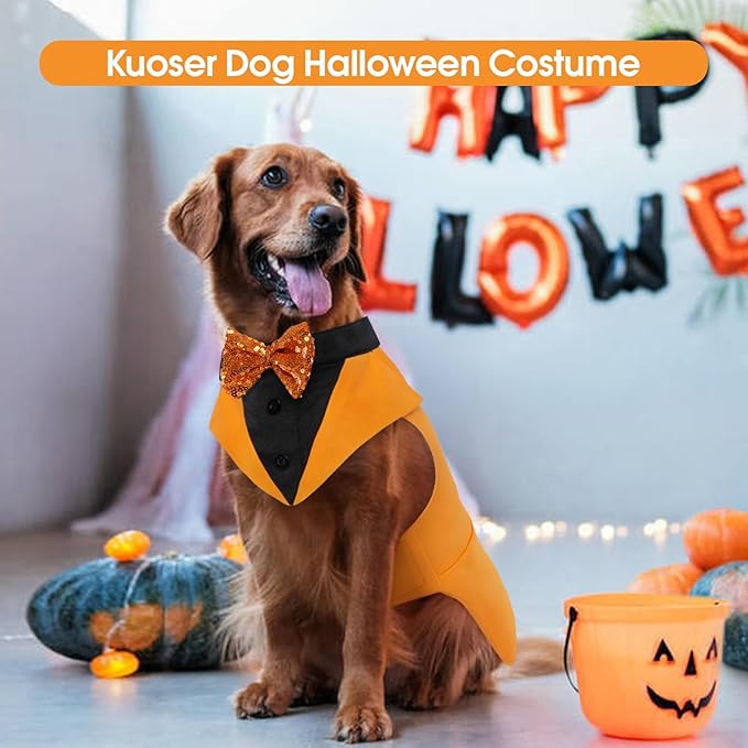 Kuoser Dog Tuxedo Suit and Bandana Set, Pumpkin Color Dogs Thanksgiving Outfit Adjustable Dog Halloween Costume with Bow Tie for Large Medium Small Dogs Golden Retriever Samo Bulldogs, L