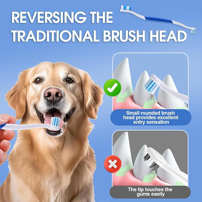 Dog Toothbrush – Newly Upgraded Dual-Head Design with 60° Wavy Bristles – Gently Surrounds Teeth for Deep Cleaning and Plaque Removal – Non-Slip Handle, Ideal for Daily Pet Dental Care (Blue, 2-Pack)