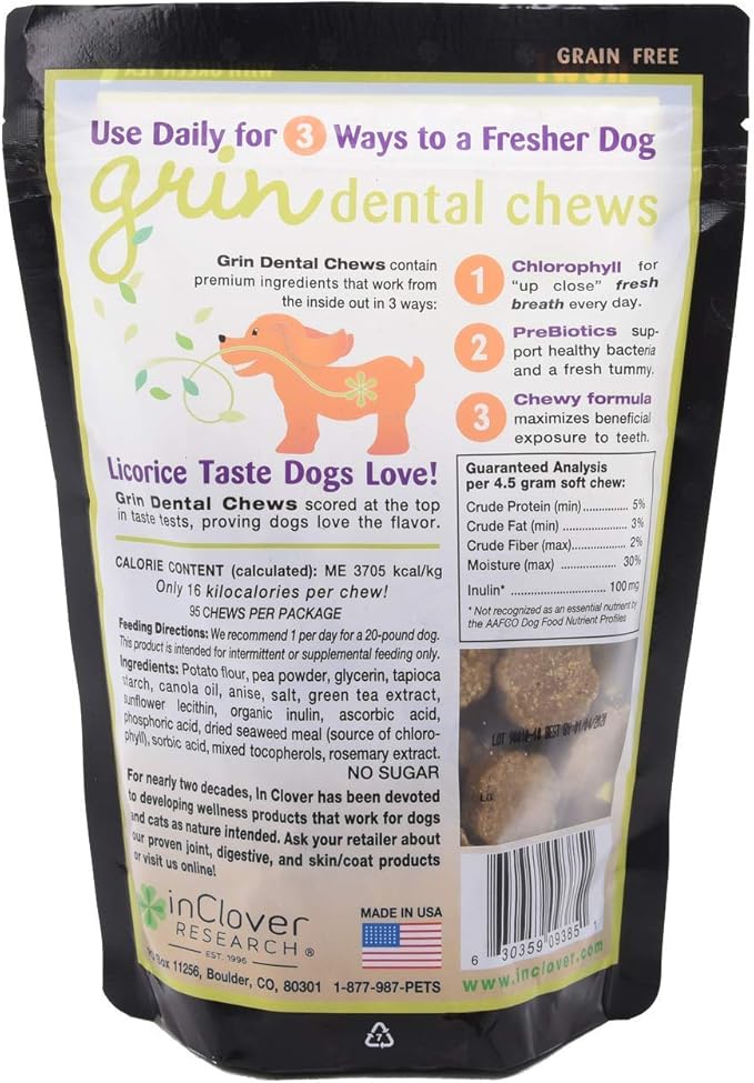 In Clover Grin Daily Dental Care Chews for Dogs, Grain Free Formula for Clean Teeth and Fresh Breath, Scientifically Formulated, Stop Plaque and Tartar with Antibacterials and Prebiotics, 4oz/25ct