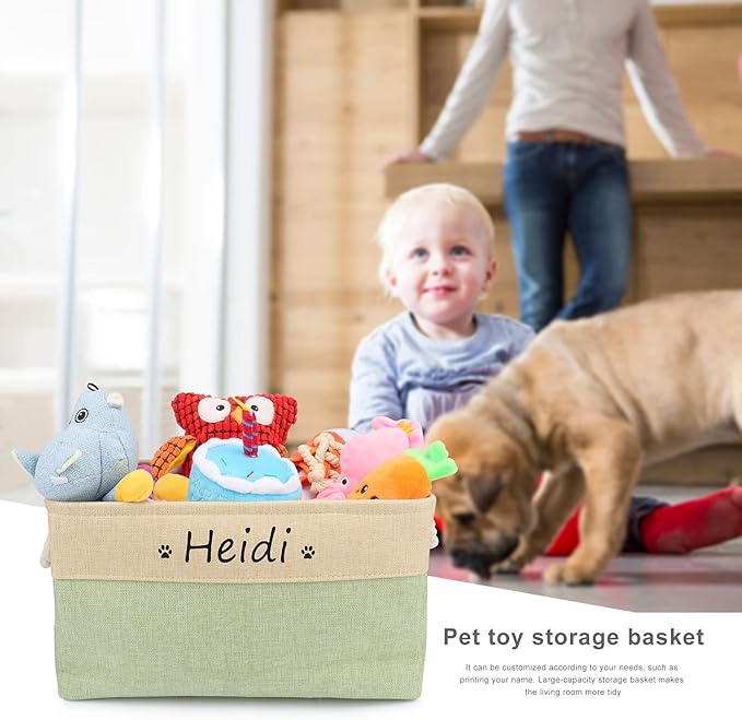Dog Toy Box Storage Basket Bin with Personalized Custom Pet's Name Collapsible Rectangular Storage Bag For Organizing Dogs cat Clothes，Shoes，Pet Accessories (Green, M)