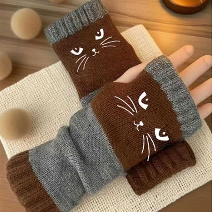 Fingerless Cat Gloves, Cute Cat Embroidery - Cat Embroidery Splicing Knitted Gloves, Warm Casual Women's Glove