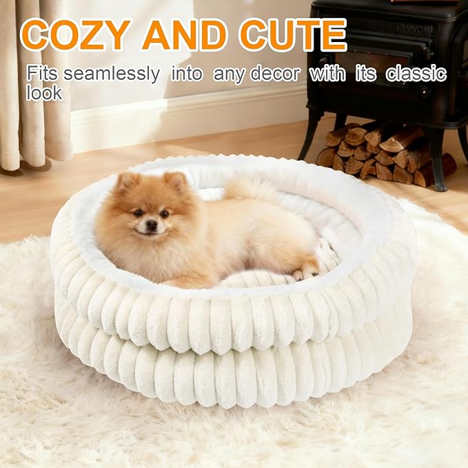 Cat Beds for Indoor Cats,Washable Round Donut Dog Bed,Fluffy Puppy Dogs Beds for Small Dogs with Anti-Slip Bottom (White, S)