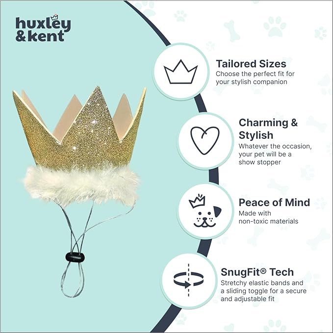 Huxley & Kent Pet Party Crown – Adjustable Glitter Crown Hat with SnugFit Straps – Party Accessory for Dogs & Cats – Gold, Large