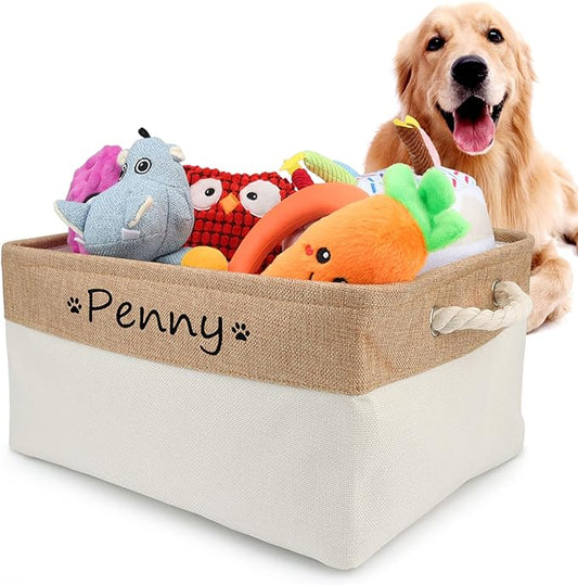 Dog Toy Box Storage Basket Bin with Personalized Custom Pet's Name Collapsible Rectangular Storage Bag For Organizing Dogs cat Clothes，Shoes，Pet Accessories (Beige, S)