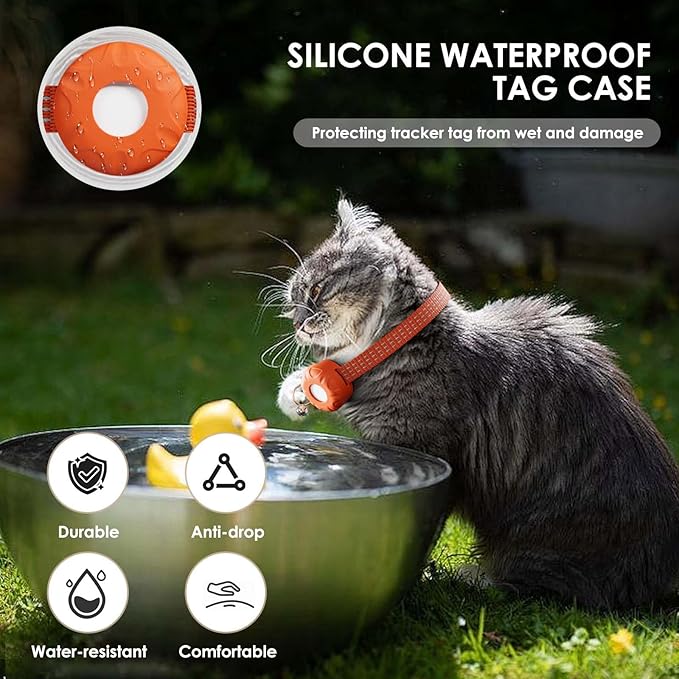 Smart Cat GPS Tracker, Cat Tracker Collar with Safety Elastic Buckle, Compatible with Apple Find My App (Only iOS), No Monthly Fee, Waterproof (White Tracker, Orange Cat Collar)