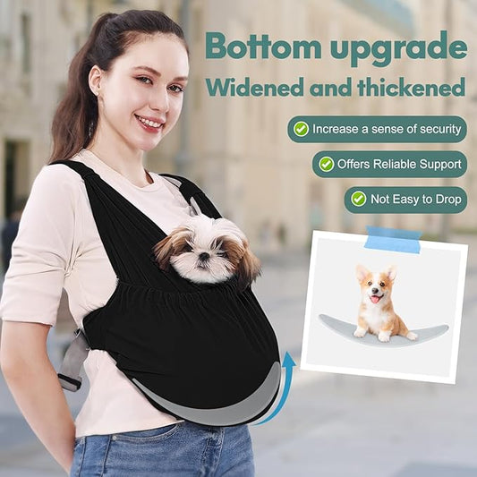 Supet Dog Sling Carrier for Small Pets, Hands Free Cat Sling, Reducing Back Neck Pain Anti-Anxiety Puppy Front, Adjustable Soft Dog Carrying (Black, Regular)