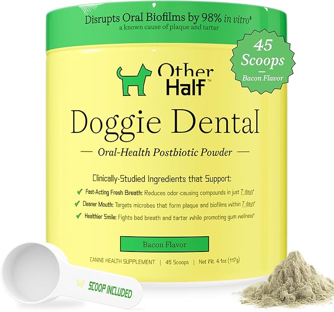 OTHER HALF Doggie Dental Supplement Powder - Dog Breath Freshener & Teeth Cleaning Made Easy - Oral Health Postbiotic for Dogs - Targets Tartar, Plaque & Bad Breath | 45 Scoops, Bacon Flavor