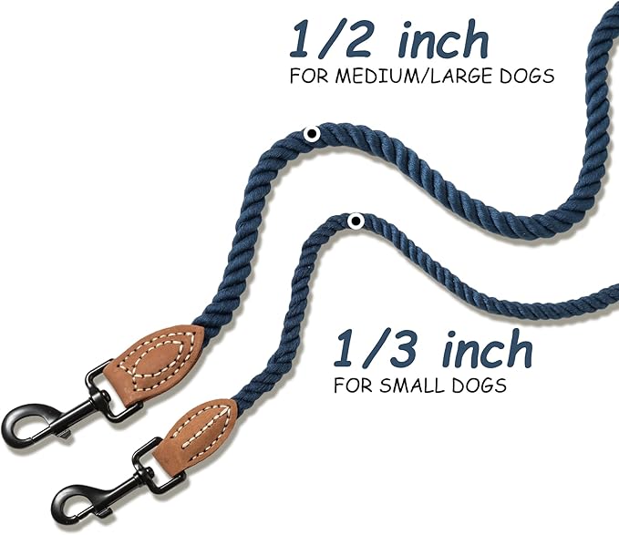 Mile High Life Dog Leash, Braided Cotton Rope Leashes with Leather Tip - Heavy Duty Metal Clasp, 4FT, 1/3" Thick - Wedding, Walking Leash for Small Medium Puppy(Navy)