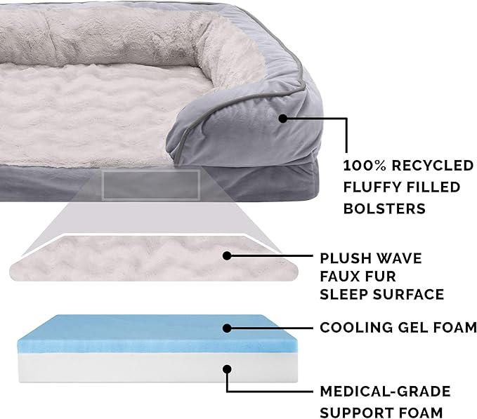 FurHaven Cooling Gel Dog Bed & goDog Toy - Squeaky Plush Dino with Chew Guard Technology for Large Dogs - Plush & Velvet Waves Perfect Comfort Sofa - Granite Gray, Jumbo Plus/XXL