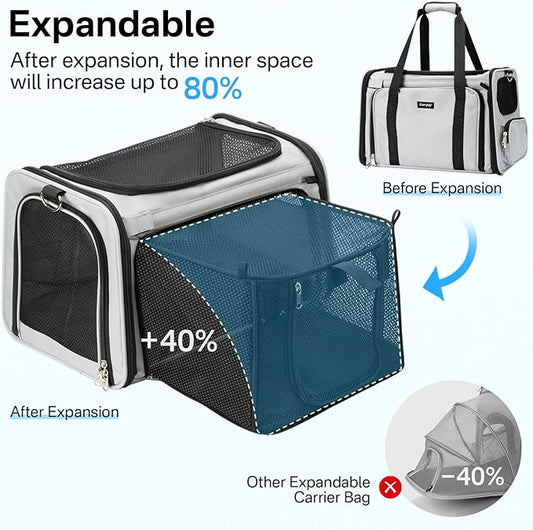 Expandable Cat Carrier, Airline Approved Soft Sided Pet Carrier for Cats & Small Dogs Up to 15 lbs, with Locking Safety Zippers & Cozy Fleece Pad, Portable for Car & Vet Visits, Black