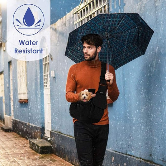 Lukovee Dog Sling Carrier, Hard Bottom Support & Adjustable Soft Padded Shoudler Strap Dog Slings for Small Dogs, Dog Purse with Drawstring Mesh Opening & Zipper Pockets for Puppy Cat Pet (Black-BN)