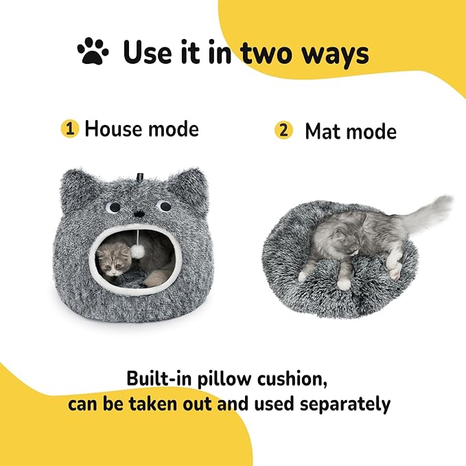 CATISM Cat Bed, Cat Beds for Indoor Cats - Kitten Bed Cave Washable, Soft Plush Hooded, Removable Pillow, Non-Slip Base, Large Cave for Kitty
