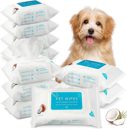 Treela 10 Packs of 800 Dog Wipes Pet Wipes Cat Grooming Supplies for Paws, Butt, Ear, Skin, Eye, Body Cleaning Bath Stain Odor Remover, Home or Travel Use(Coconut)