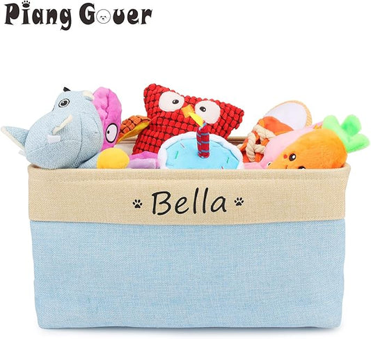 Dog Toy Box Storage Basket Bin with Personalized Custom Pet's Name Collapsible Rectangular Storage Bag For Organizing Dogs cat Clothes，Shoes，Pet Accessories (Light blue, L)