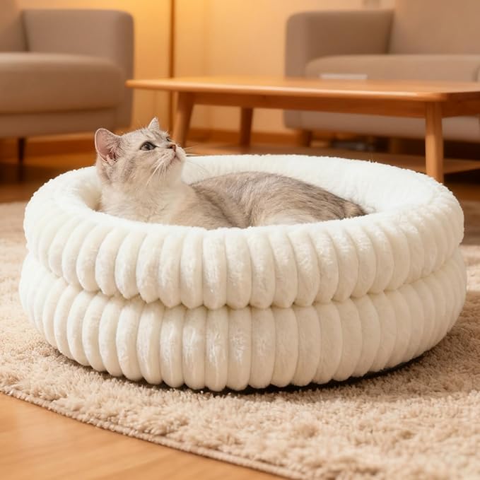 Cat Beds for Indoor Cats,Washable Round Donut Dog Bed,Fluffy Puppy Dogs Beds for Small Dogs with Anti-Slip Bottom (White, S)