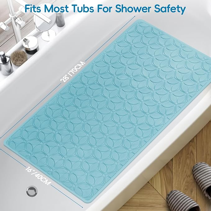 WRISIN Bathtub Mat Non Slip with Suction Cups - 100% Rubber Bathroom Mat Textured for Bath Tub Shower Safety - Soft on Touch - BPA/PVC Free - Pet Dog Bath Mat - Machine Washable - 16 × 28 Inch（Blue）