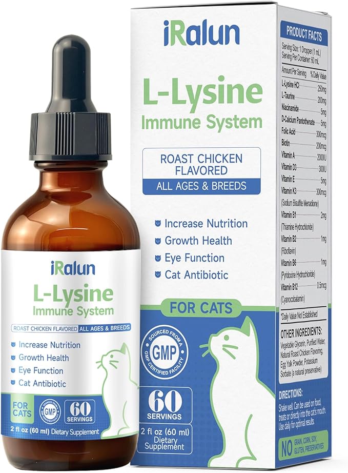 Lysine for Cat - L-Lysine for Cats and Kittens, Immune Support, Respiratory, and Eye Health - Allergy Relief, Sneezing, Runny Nose - Roast Chicken Flavor Drops
