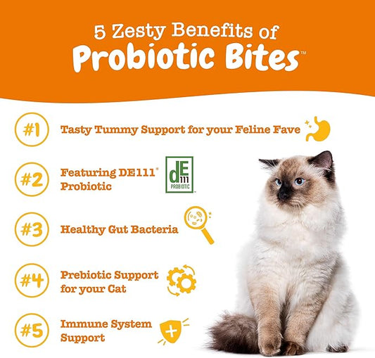 Zesty Paws Probiotic Bites for Cats - Gut Flora & Immune System Support - Cat Supplement with DE111 Bacillus subtilis - Pet Soft Chews with Probiotics & Prebiotics for Digestive Health - 60 Count