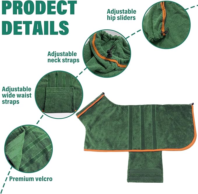 Dog Drying Coat - Fast Drying Dog Towel Robe - Microfiber Super Absorbent Pet Bathrobe, Adjustable Collar & Belly Strap Pet Coat Pet Bath Robe Towel (Large, Green)