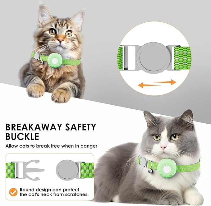 Cat GPS Tracker, Smart Cat Tracker Compatible with Apple Find My App (Only iOS), No Monthly Fee, Waterproof, Breakaway Collar Included (White Tracker, Green Cat Collar)