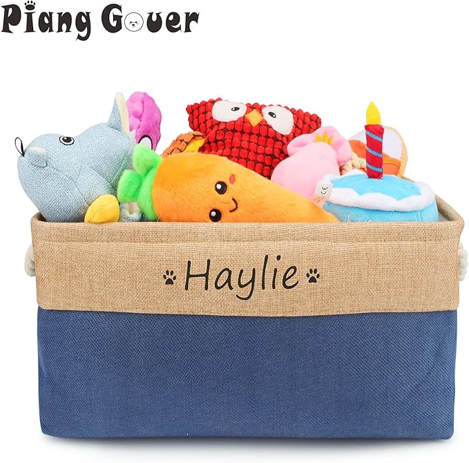 Dog Toy Box Storage Basket Bin with Personalized Custom Pet's Name Collapsible Rectangular Storage Bag For Organizing Dogs cat Clothes，Shoes，Pet Accessories (Dark blue, M)