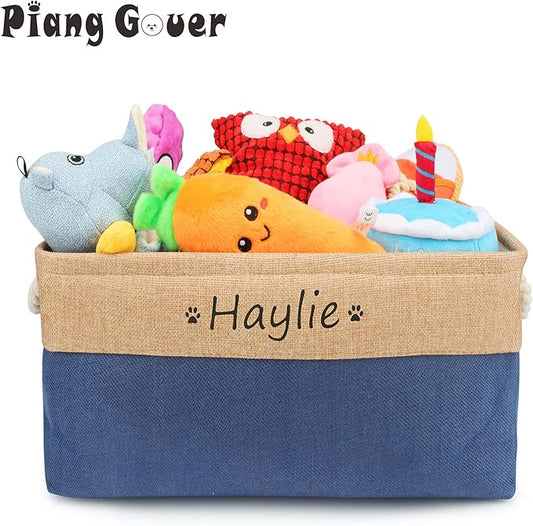 Dog Toy Box Storage Basket Bin with Personalized Custom Pet's Name Collapsible Rectangular Storage Bag For Organizing Dogs cat Clothes，Shoes，Pet Accessories (Dark blue, L)
