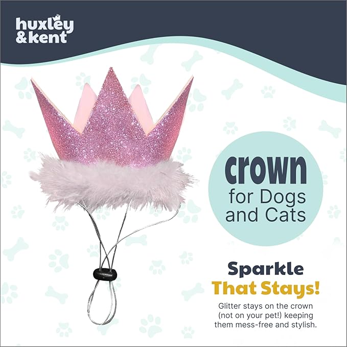 Huxley & Kent Pet Party Crown – SnugFit Glitter Hat for Dogs & Cats – Party Wear with Adjustable Straps – Pink, Small