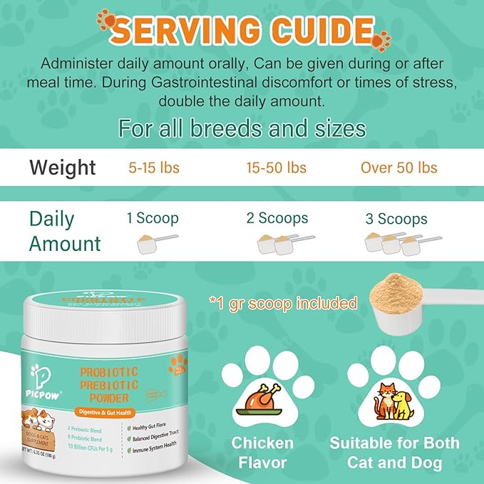 Probiotic Powder for Dogs & Cats, 10 Billion CFU Dog Probiotic Powder, with Digestive Enzymes & PrebioticsP, for Digestive Health, Immune Support, Diarrhea, Gas & Loose Stool