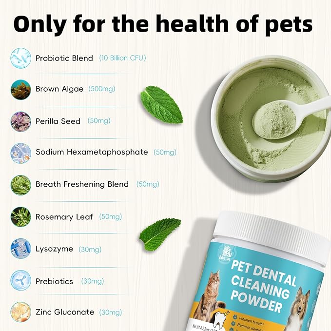 Pet Dental Powder for Dogs and Cats - Dog Teeth Cleaning Powder for Breath Freshener, Oral Care with Natural Herbal Blend & Tartar Remover for Dogs, Dog Teeth Cleaning + Postbiotics (60 Servings)