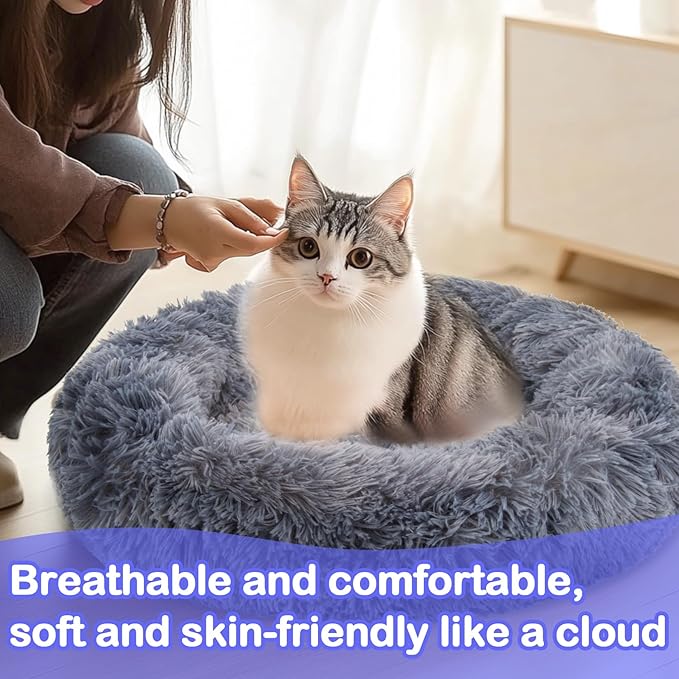 Cat Bed - Calming Cat Bed for Small Kittens Donut Washable Round for Indoor Kittens and Puppies, Anti-Slip Round Fluffy Plush Faux Fur,Large, Dark Blue