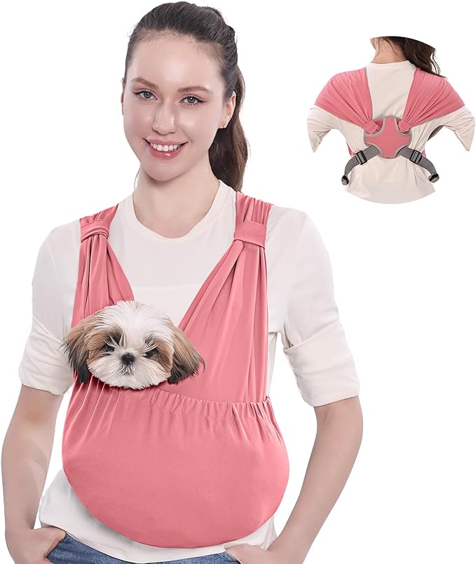 Supet Dog Sling Carrier for Small Pets, Hands Free Front Cat Sling, Reducing Back Neck Pain Anti-Anxiety, Adjustable Soft Carrying (Pink, Plus)
