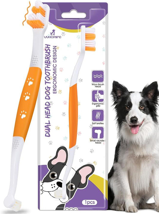 Dog Toothbrush – Newly Upgraded Dual-Head Design with 60° Wavy Bristles–Gently Surrounds Teeth for Deep Cleaning and Plaque Removal – Non-Slip Handle, Ideal for Daily Pet Dental Care (Orange, 1-Pack)