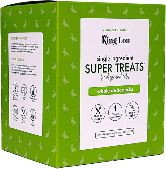 King Lou Pets - Whole Duck Necks for Dogs and Cats - Single Ingredient Dog Treat - Dehydrated Cat Treats - USA-Made Dog and Cat Treats - Supports Hip and Joint Health - 20 Count