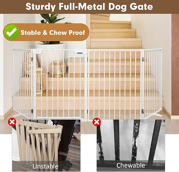 Metal Freestanding Dog Gates with Door,Extra Wide 24", 32" Height Foldable Dog Fence for Indoor & Outdoor, Heavy Duty Freestanding Pet Barrier for Stairs, Doorways, Halls, Kitchen,Yard,Christmas Tree