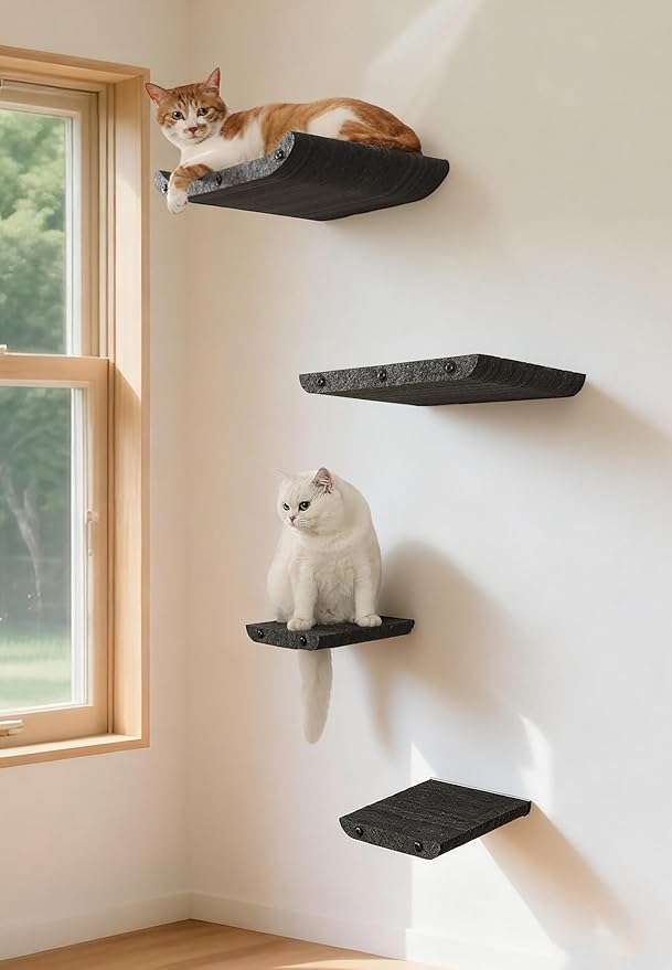 Wall Mounted Cat Shelves and Perches,Scratcher Cat Beds & Furniture for Indoor Cats, Soft PET Felt Feline Climbing Wall Set, Modern Jungle Gym System for Lounging and Sleeping(Set of 4-Grey)