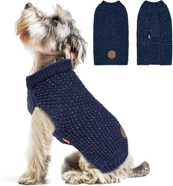 KYEESE Dog Sweater with Leash Hole for Small Dogs Male Warm Pullover with Reflective Thread Soft Knitwear Boy Dog Clothes Cozy Lightweight Thick Sweater Pet Indoor Outdoor Wear,Navy Blue,X-Small