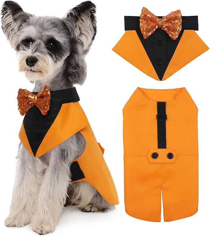 Kuoser Dog Tuxedo Suit and Bandana Set, Pumpkin Color Dogs Thanksgiving Outfit Adjustable Dog Halloween Costume with Bow Tie for Large Medium Small Dogs Golden Retriever Samo Bulldogs, S