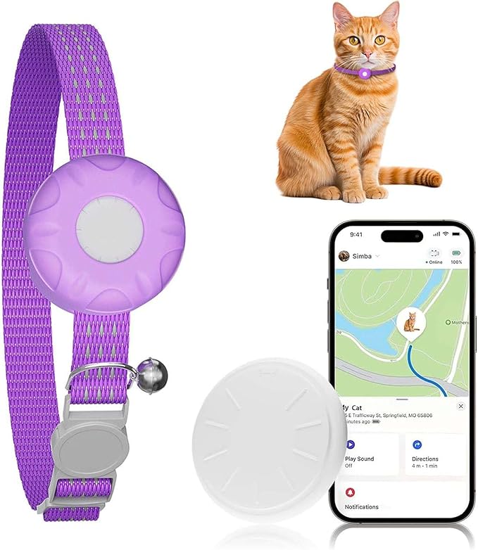 GPS Tracker for Cats, Compatible with Apple Find My App (Only iOS), No Monthly Fee, Waterproof (White Tracker, Purple Cat Collar)